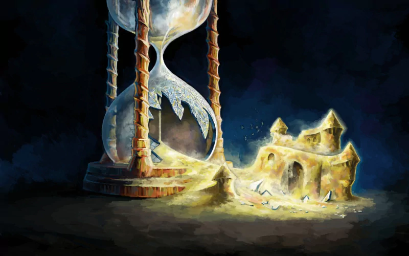 An artistic representation of an hourglass spilling sand, reminiscent of themes in the video game Braid, with a whimsical sandcastle in the foreground.