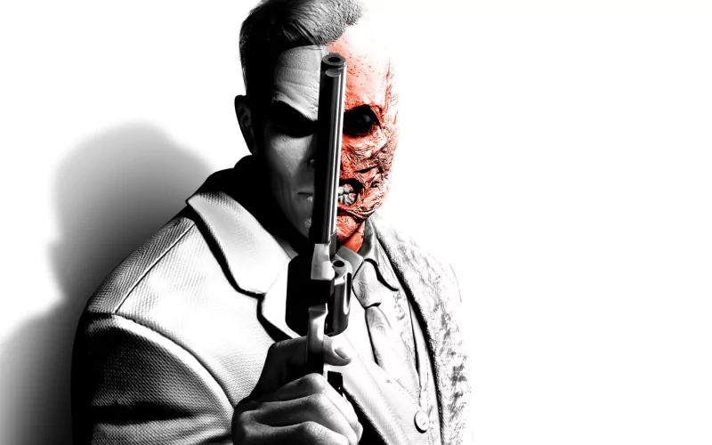 Split-faced character Two-Face from the video game Batman: Arkham City points a gun directly at the viewer against a high-contrast white background.