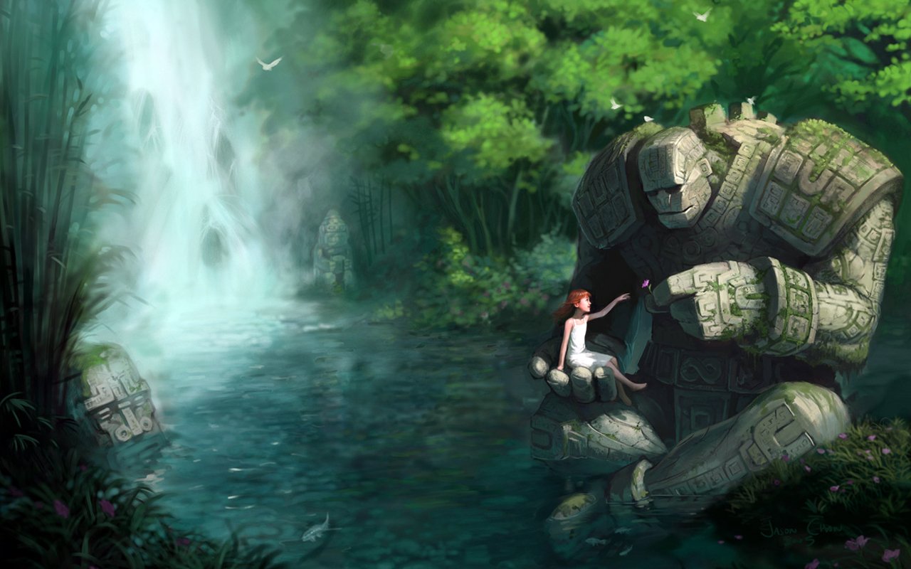 A serene fantasy scene depicts a giant stone figure gently interacting with a girl by a tranquil waterfall, surrounded by lush greenery.