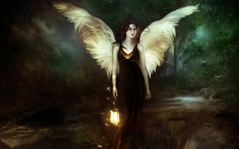 Fantasy angel in a shadowy forest, luminous white wings and flowing black gown, holding a glowing lantern that lights a misty path.