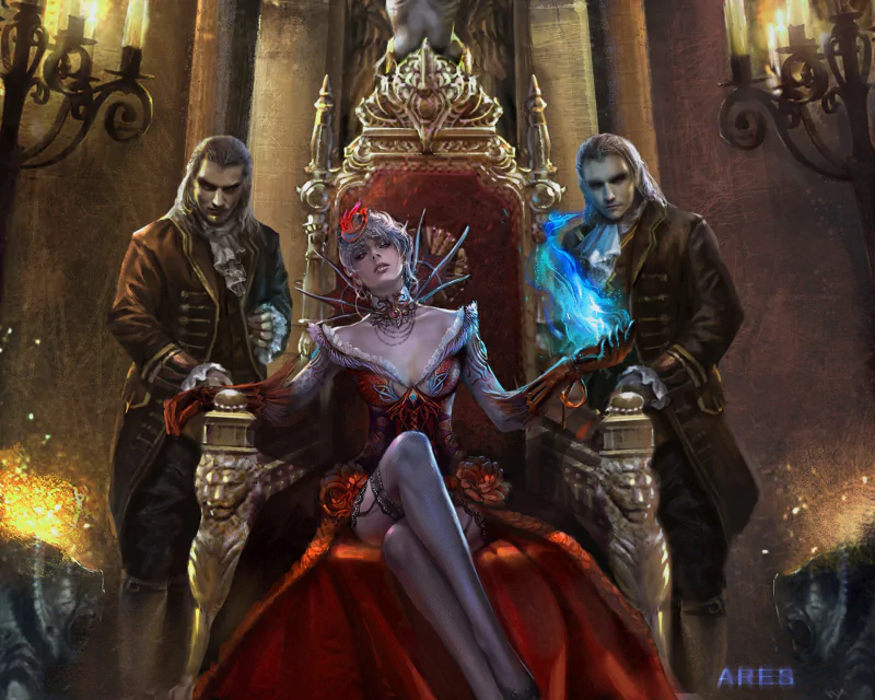 A fantasy witch sits confidently on a throne, flanked by two stern men in dark attire, in a dimly lit, ornate chamber filled with glowing candles.