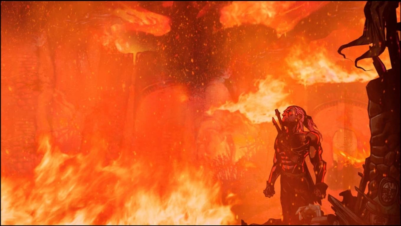 Video game The Witcher scene: a lone witcher in armor stands amid towering flames and ash in a blazing orange-red cavern.