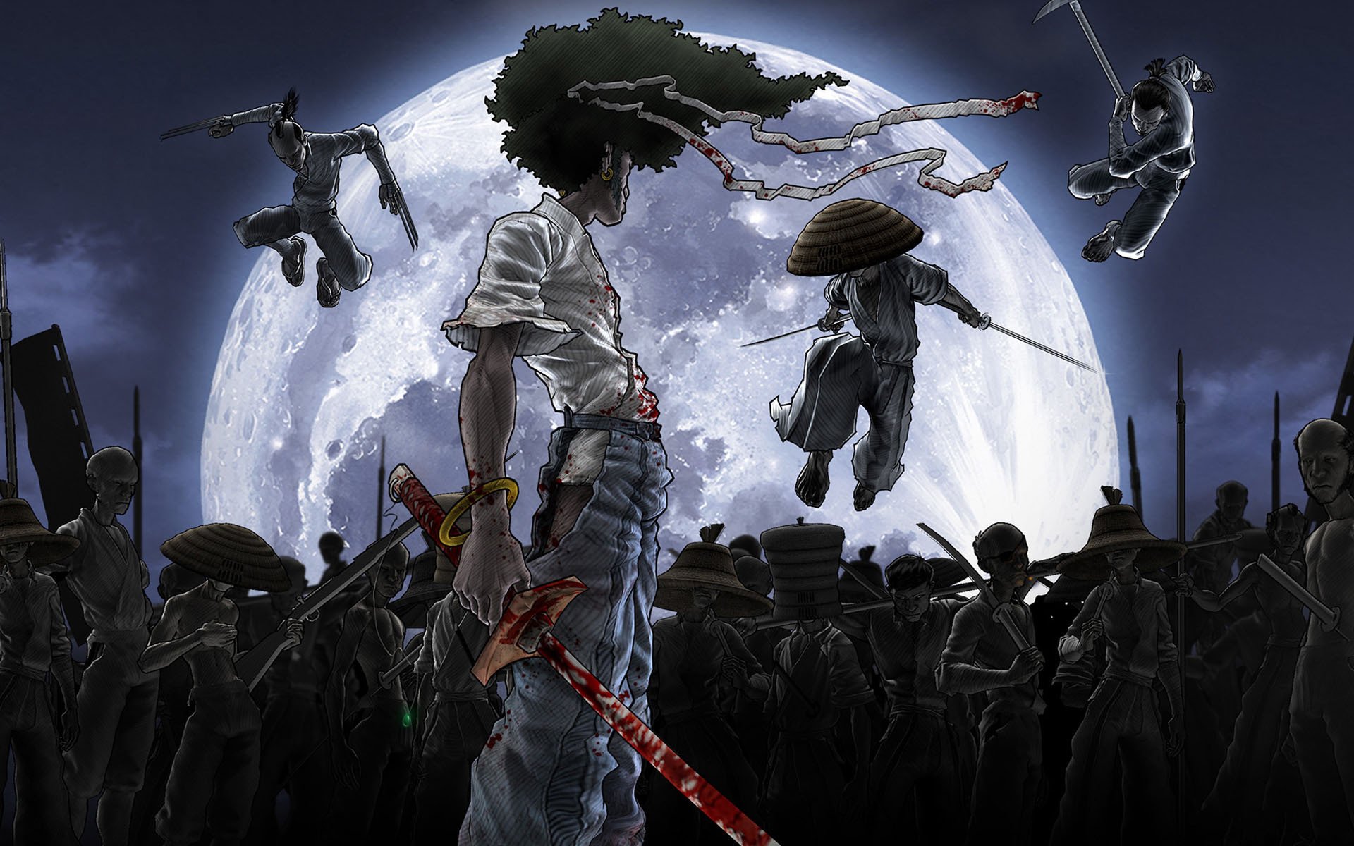An epic scene from Afro Samurai featuring a warrior with a katana, standing defiantly under a full moon, blood splatters around him as shadowy figures leap into battle.