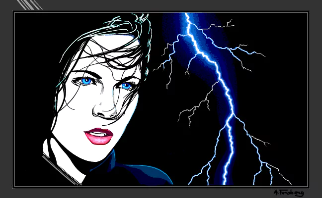 Mysterious woman with windblown dark hair and vivid blue eyes against a black sky split by a jagged electric-blue lightning bolt.