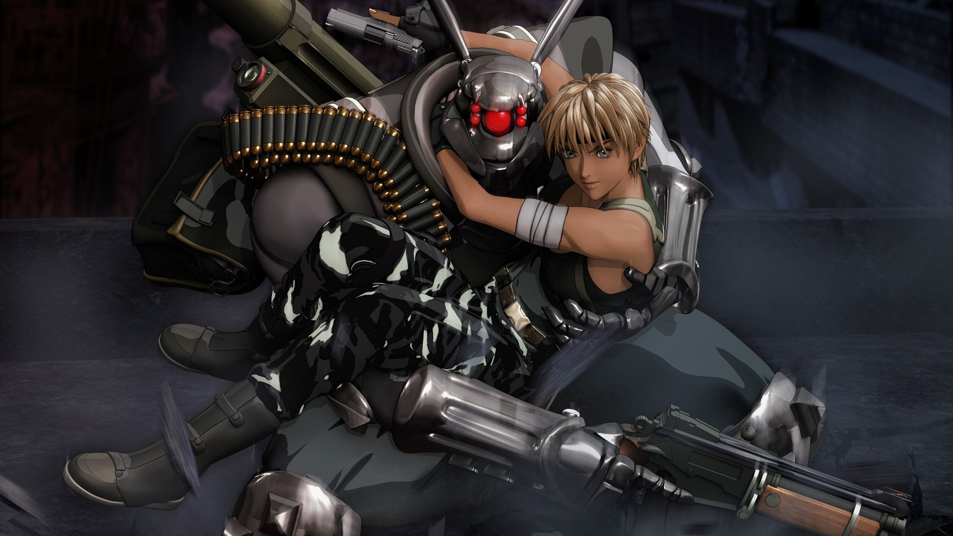 Anime scene from Appleseed showing a woman holding a futuristic soldier with robotic limbs in a dimly lit industrial setting.