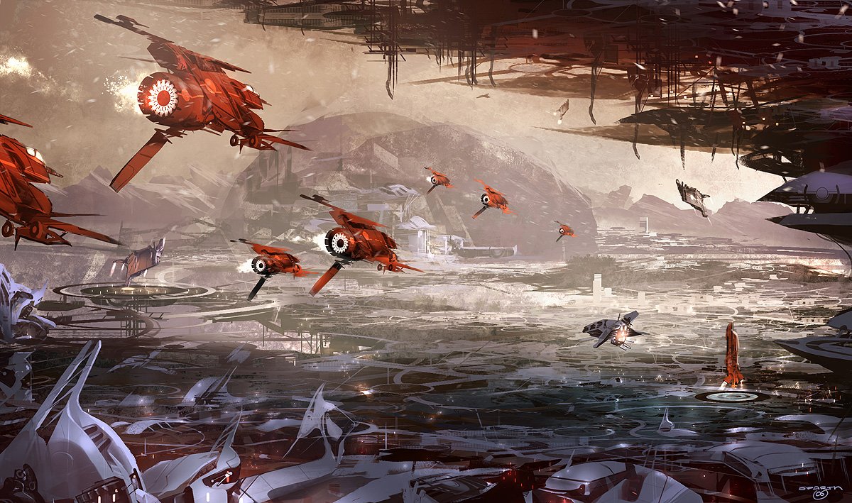 A vibrant sci-fi cityscape with futuristic spaceships soaring above a reflective water surface, framed by jagged formations and a dramatic sky.