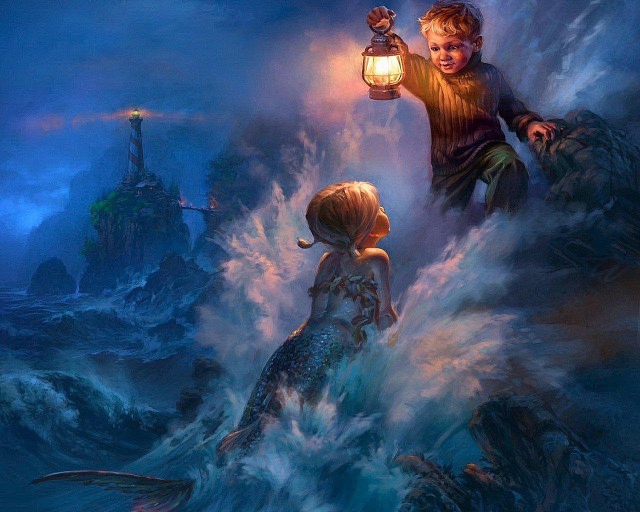 A fantasy scene of a mermaid emerging from turbulent waves near a distant lighthouse, reaching toward a child holding a glowing lantern.
