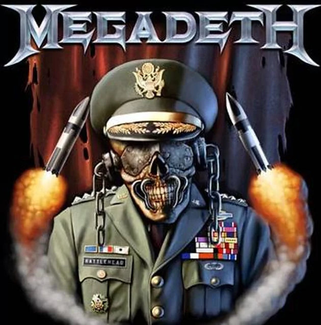 Megadeth music album art: skull-faced general in decorated uniform and cap, rockets firing behind with smoke billowing, the band's MEGADETH logo across the top.