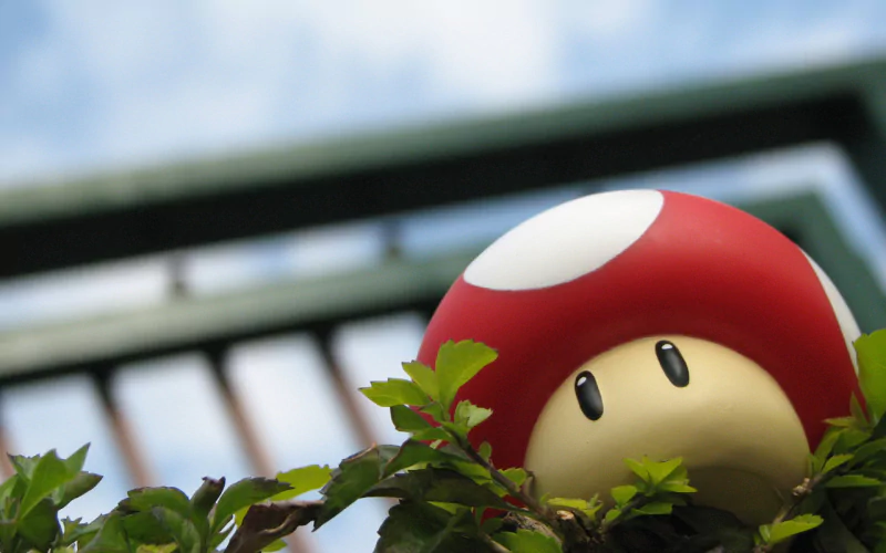 A vibrant red mushroom with a white spot peeks through green leaves, reminiscent of iconic video game characters from Mario and the adventurous world of One Piece.