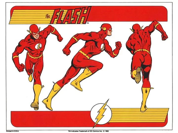 Three dynamic poses of Barry Allen, known as The Flash from DC Comics, showcasing his iconic red suit and lightning symbol against a vibrant background.
