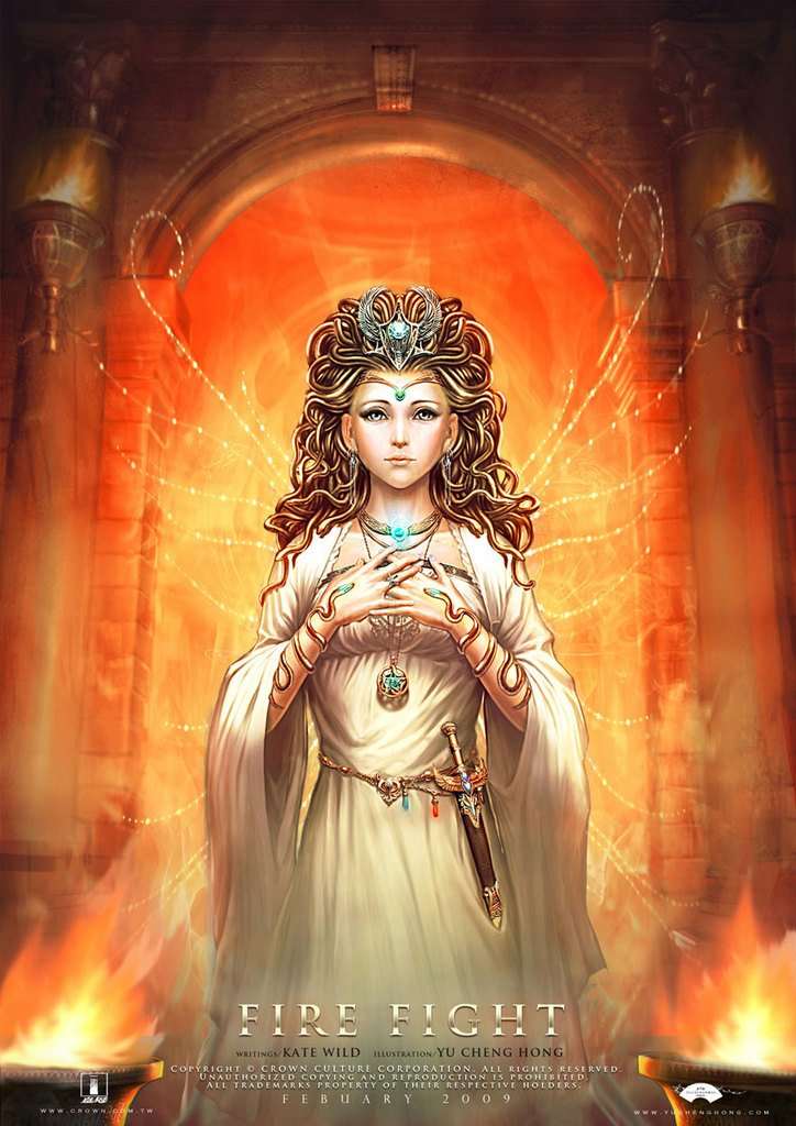 A graceful fairy stands amid golden flames, adorned in a flowing gown with intricate details. Ethereal light radiates around her, capturing a mystical fantasy atmosphere.