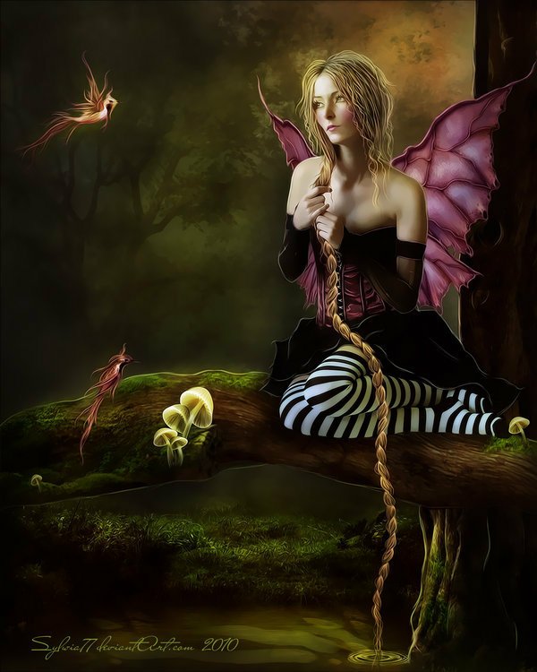 A fantasy fairy with pink wings and striped stockings sits on a tree branch, holding her long braid, surrounded by glowing mushrooms and tiny flying fairies in a dark forest.