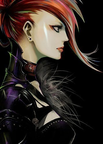 A striking dark-themed illustration of a woman with bold features, sporting a dramatic hairstyle and an edgy outfit, exuding confidence and attitude against a black background.