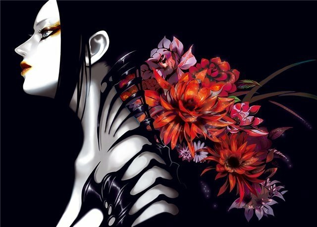 Dark illustration of a pale woman in profile with black, bone-like neck and shoulder markings and vivid red-orange flowers blooming from her back.