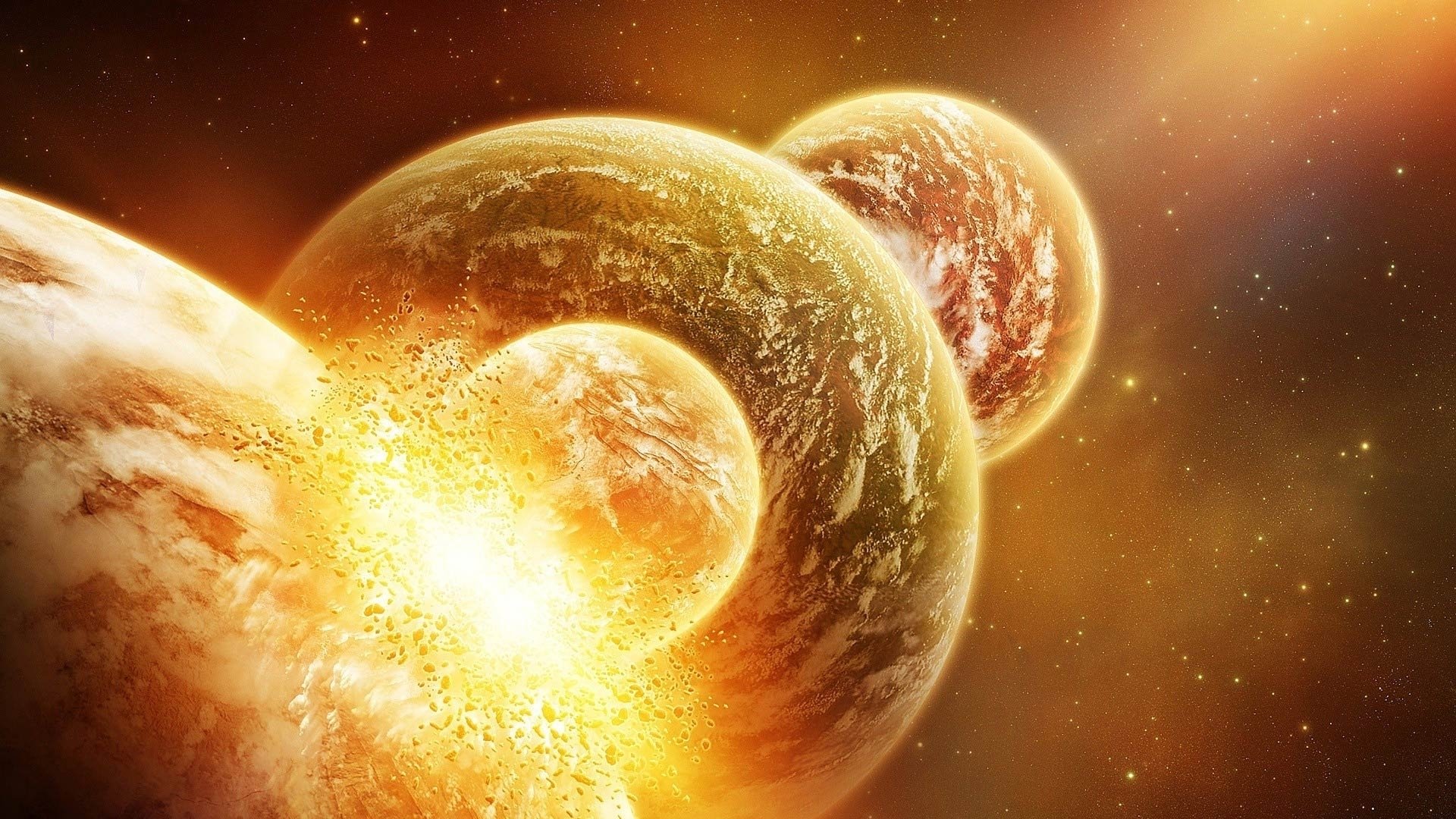 A dynamic sci-fi depiction of celestial bodies colliding, surrounded by a radiant explosion of light and debris, capturing a dramatic cosmic event.