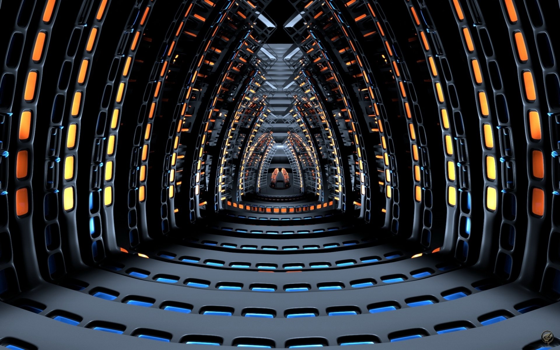 Abstract 3D tunnel with repeating illuminated panels in orange and blue hues, creating a futuristic and immersive corridor effect.