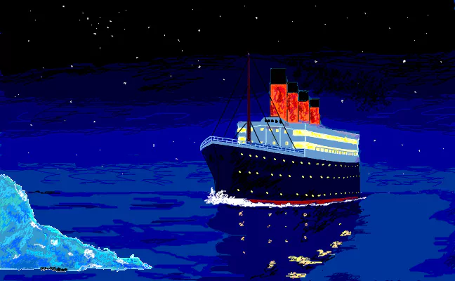 A digital illustration of the Titanic ship sailing at night near an iceberg, with its lights glowing against a dark starry sky.