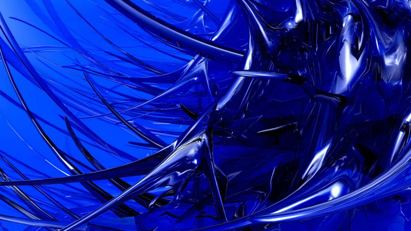 Abstract blue composition featuring sharp, dynamic shapes and fluid forms creating an intense, futuristic visual effect in varying shades of blue.