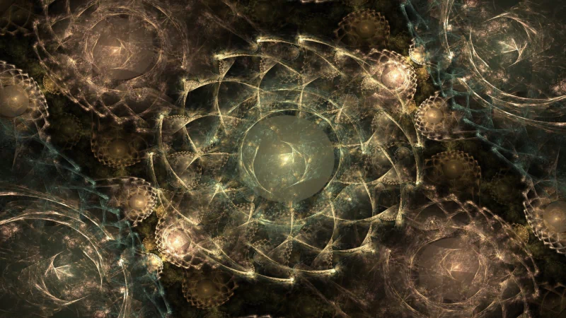 Abstract artistic image featuring intricate, glowing geometric patterns with a dark, textured background creating a mystical and complex visual effect.