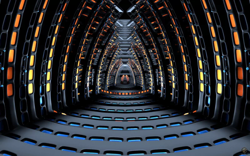 Abstract 3D tunnel with repeating illuminated panels in orange and blue hues, creating a futuristic and immersive corridor effect.