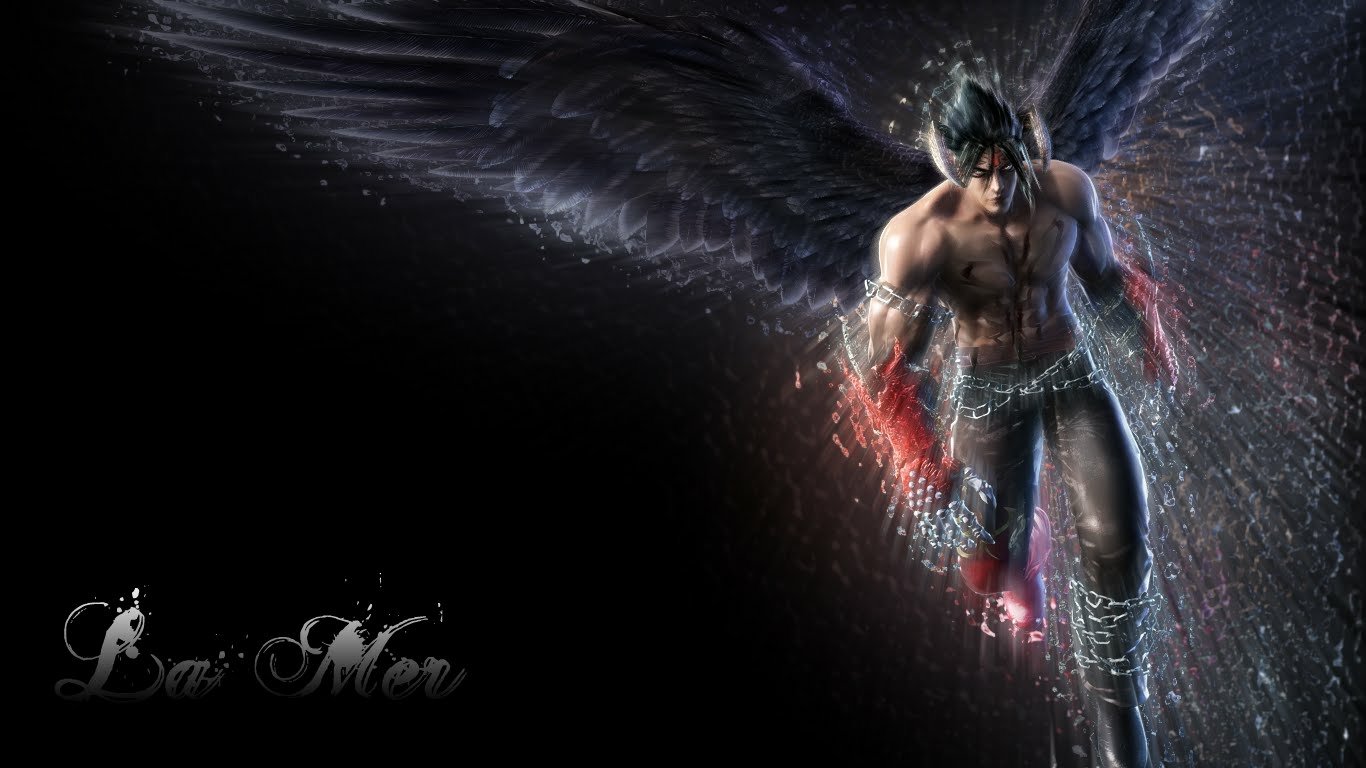 Tekken video game fighter with black angel wings, shirtless and muscular, glowing red fists as he soars through a dark, particle-streaked background.