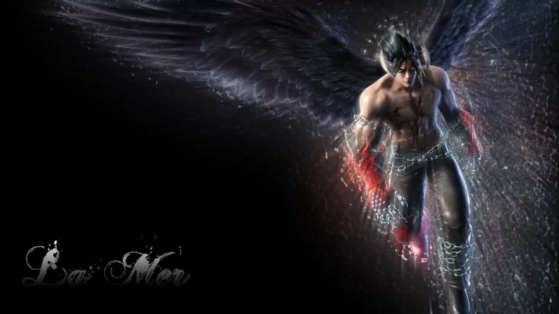 Tekken video game fighter with black angel wings, shirtless and muscular, glowing red fists as he soars through a dark, particle-streaked background.