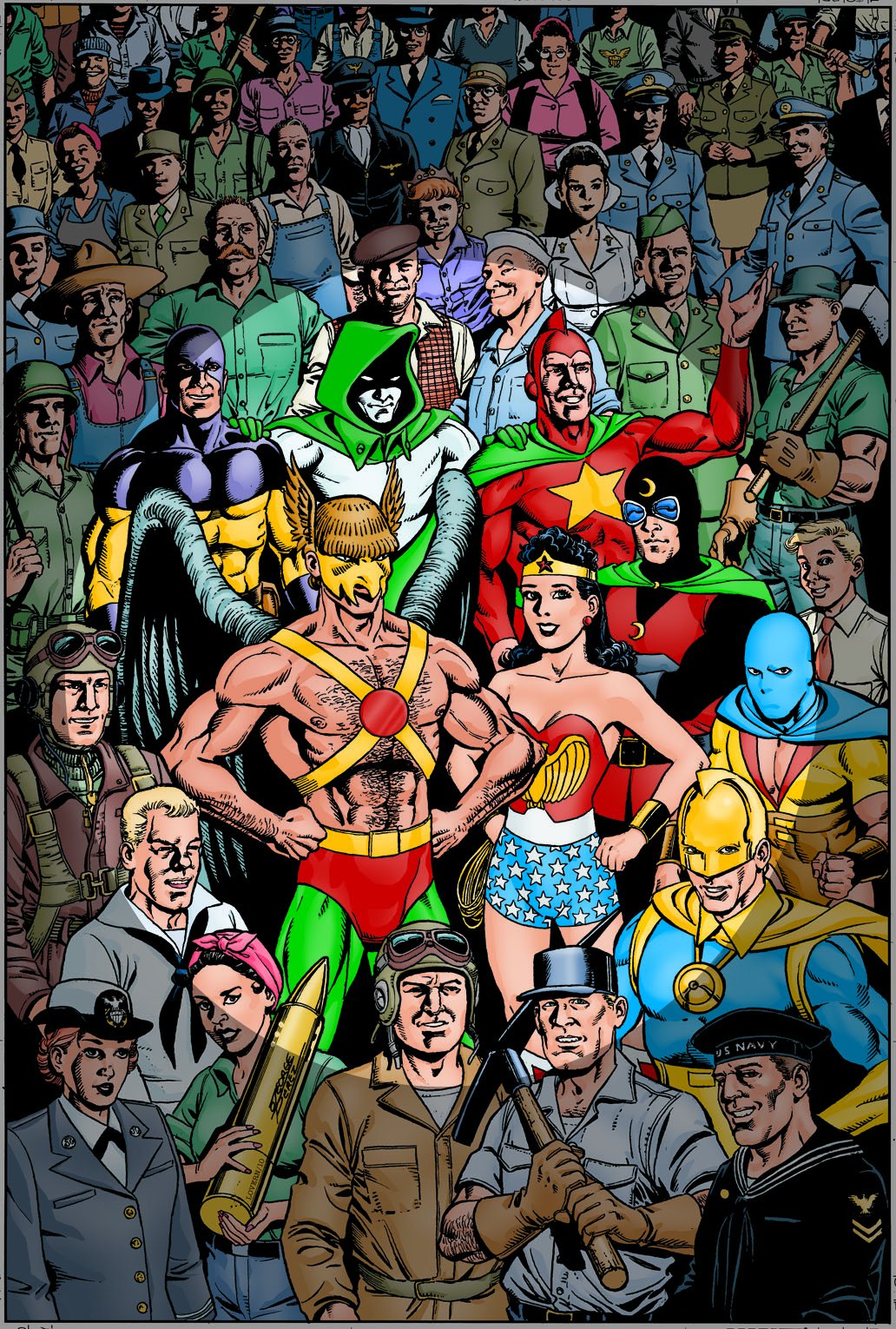 Comic crowd scene of Golden Age Justice League: Wonder Woman center with Hawkman/Carter Hall, Starman, Doctor Fate, Doctor Mid‑Nite and the Spectre among civilians.