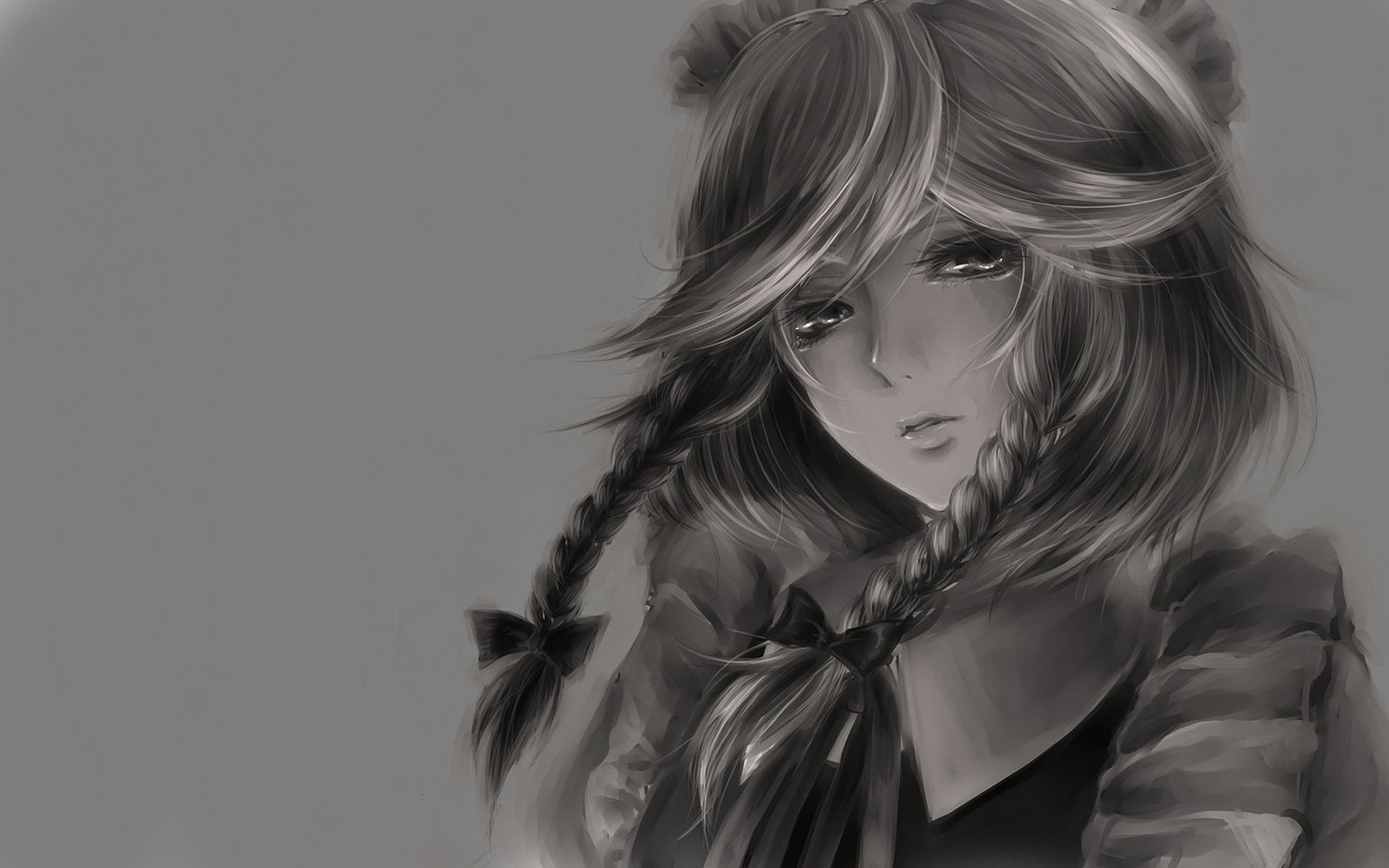 Monochrome anime-style portrait of Sakuya Izayoi from Touhou, featuring detailed hair and expressive eyes with a soft, shaded background.