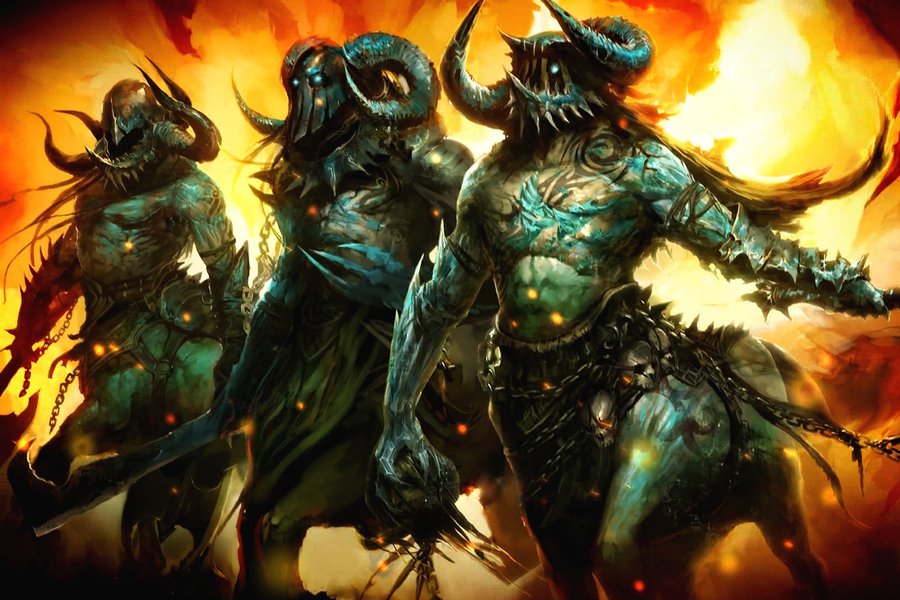 Three imposing, horned creatures stand amidst fiery chaos, showcasing the dark fantasy aesthetic of the video game Guild Wars. Their muscular forms and detailed textures capture a menacing presence.