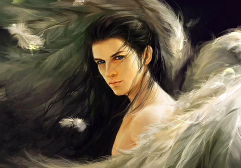 A serene face of an archangel emerges from swirling feathers, embodying fantasy with ethereal wings that blend seamlessly into the soft background.