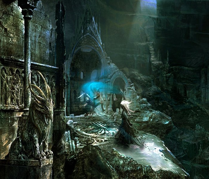 A dark, mystical scene depicting drow figures in an ancient, crumbling underground setting, illuminated by ethereal blue light and surrounded by intricate stonework.