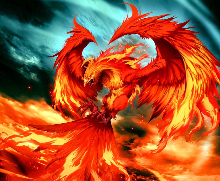 A magnificent phoenix rises amidst swirling flames, its vibrant red and orange feathers radiating power and beauty against a dramatic sky, embodying the essence of fantasy.