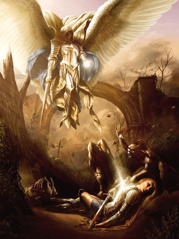An imposing angel with large wings descends in a dramatic fantasy scene, surrounded by a mystical landscape, as a figure lies defeated on the ground.