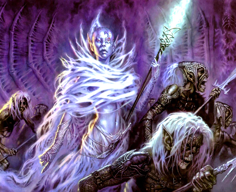 A mystical drow scene featuring a powerful figure surrounded by eerie shadows and ethereal energy, embodying the essence of fantasy in a dark, enchanting realm.