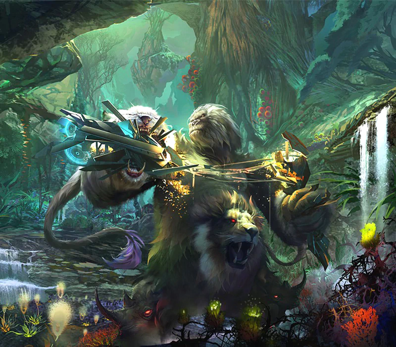 A powerful elemental creature stands in a lush fantasy jungle, wielding a magical bow amidst vibrant flora and sparkling waterfalls, embodying the spirit of nature.