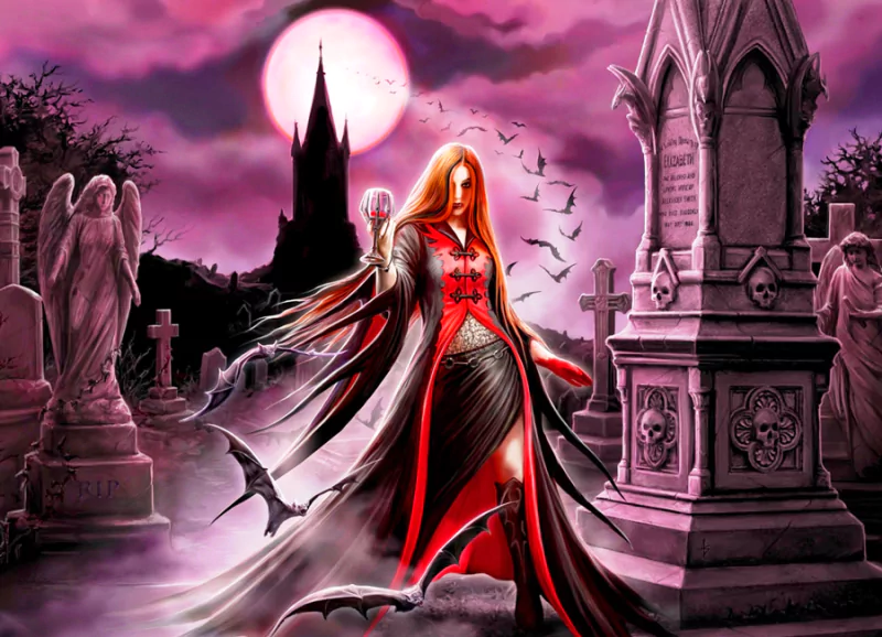 A mysterious vampire in a flowing red and black gown stands in a foggy graveyard, surrounded by tombstones, with a full moon and gothic architecture in the background.