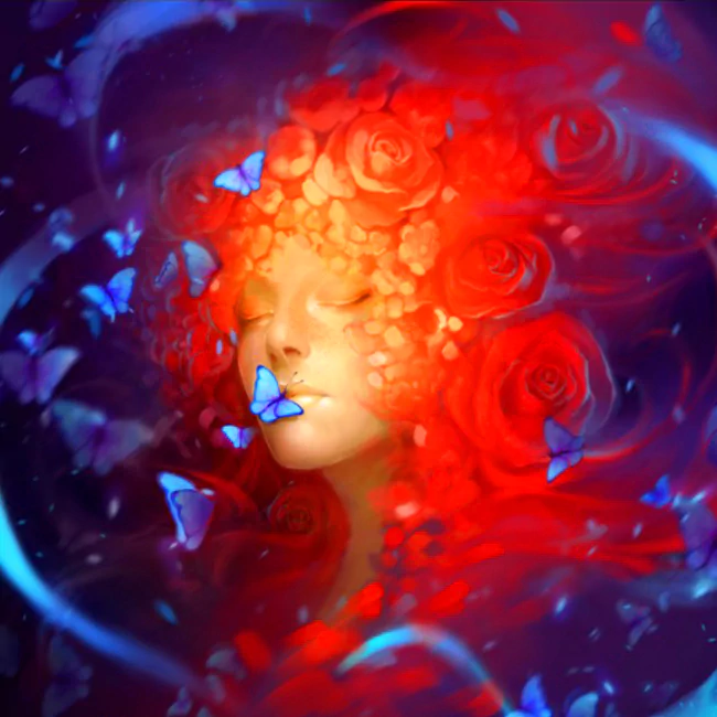 A dreamy, elemental fantasy scene featuring a serene figure adorned with vibrant roses, surrounded by fluttering blue butterflies against a swirling backdrop.