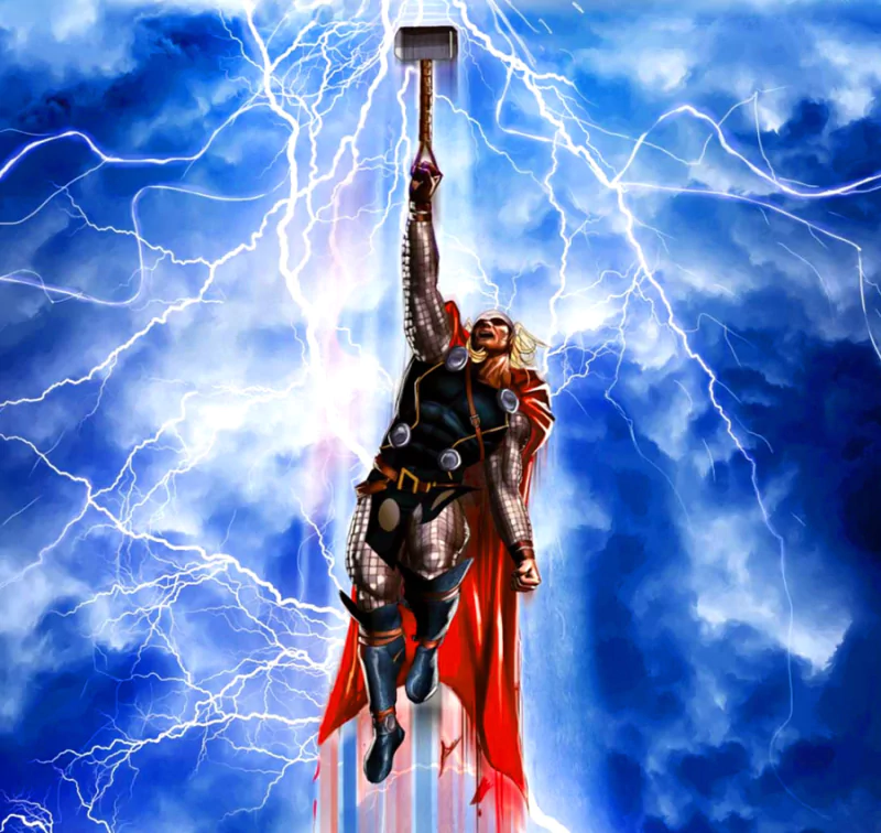 Thor soars through a tempestuous sky, wielding his hammer with confidence as lightning crackles around him, embodying the power of the comic book hero.