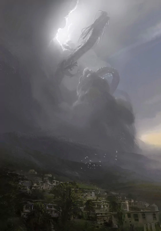 A majestic Chinese dragon rises dramatically above a shadowy landscape, surrounded by swirling clouds and illuminated by a piercing light, embodying fantasy and mystique.