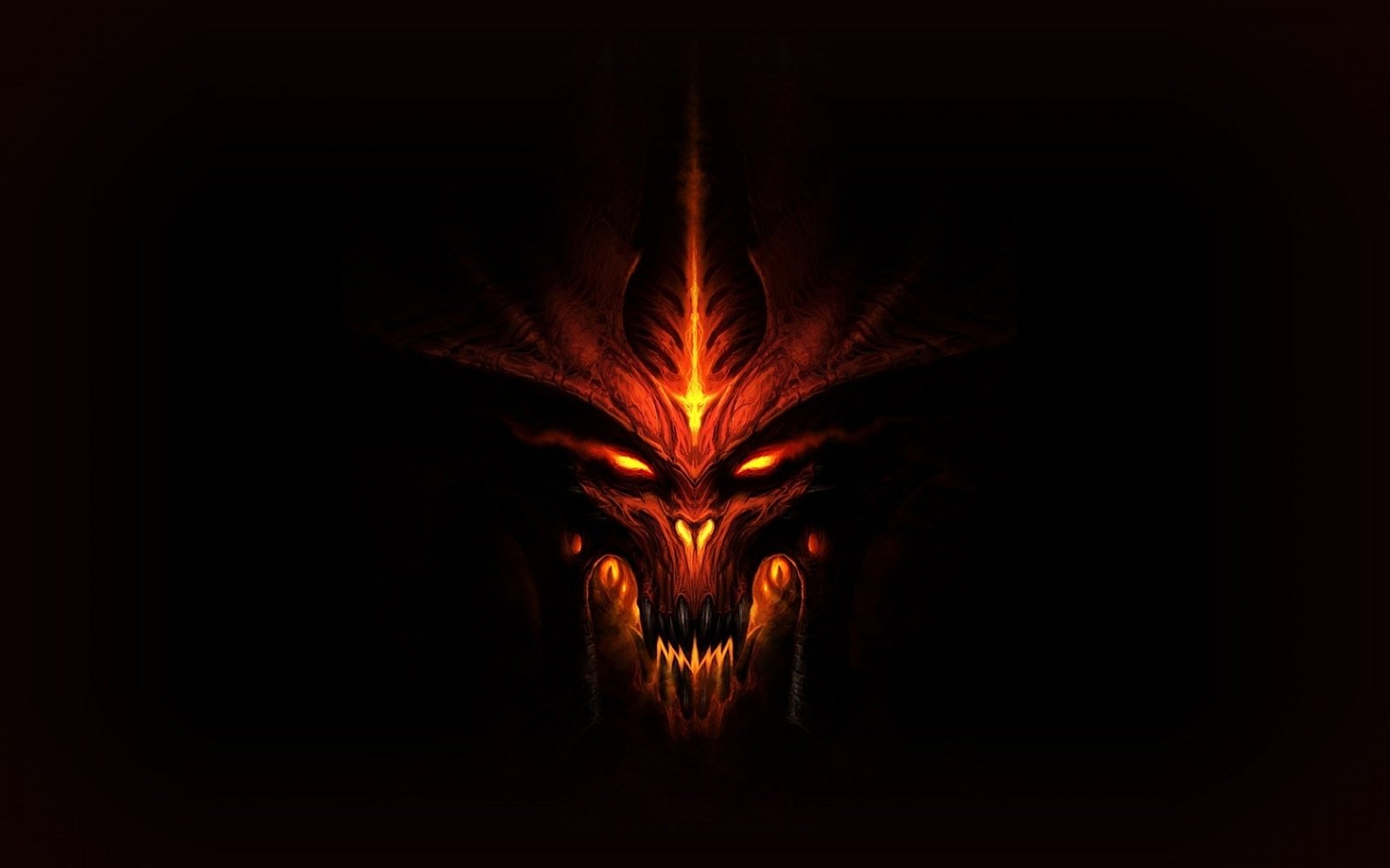 Dark, fiery demonic face with glowing eyes and sharp teeth, representing the iconic villain from the Diablo video game series.