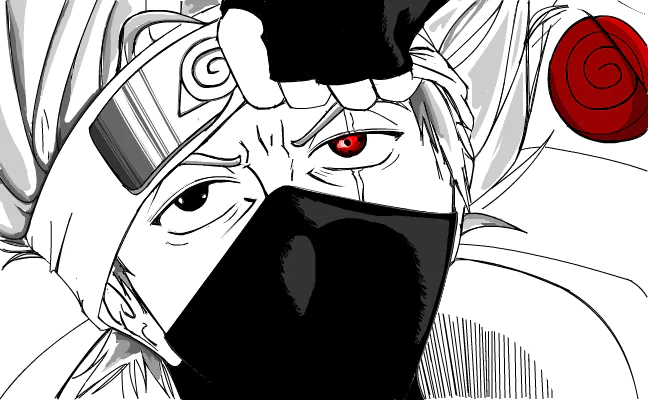 A striking anime illustration featuring a character from Naruto, displaying intense eyes and a determined expression, wearing a mask and headband, with a swirling red symbol in the background.