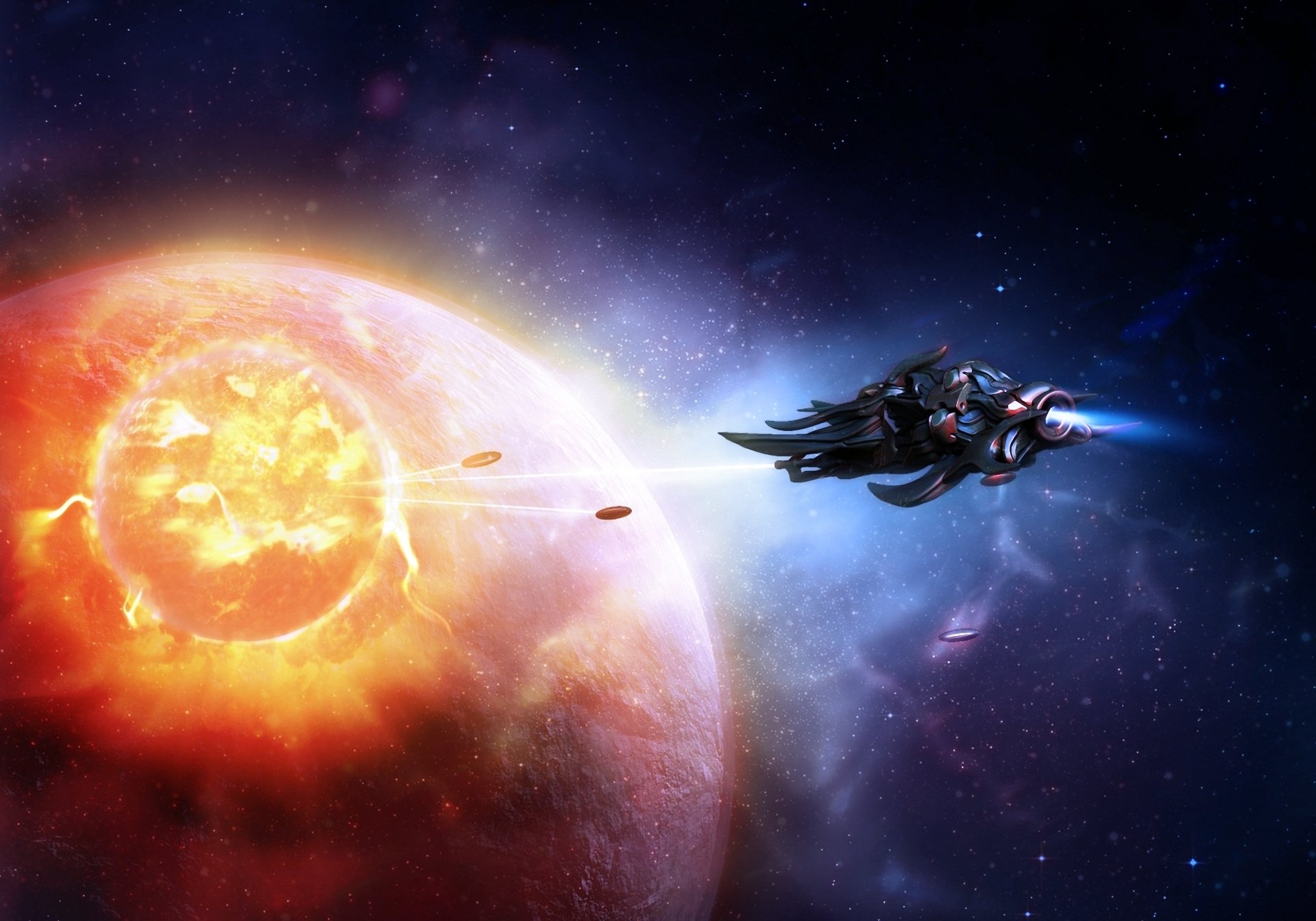 Sci-fi space scene: sleek starship streaks past a blazing red planet, glowing debris and nebulae lighting the starfield.