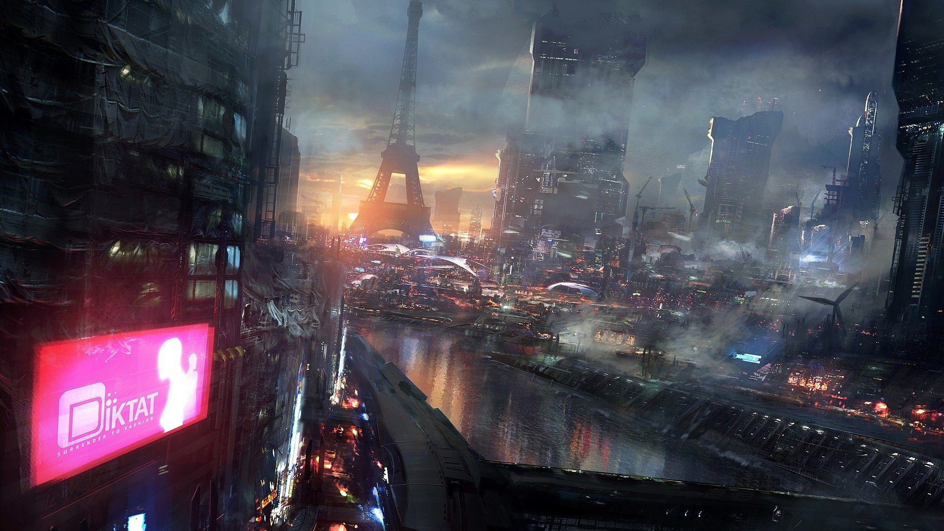 A sci-fi city skyline at dusk: neon billboards, rain-slick streets and a reflective river between towering futuristic skyscrapers, with hovering traffic beneath a hazy, glowing sky.