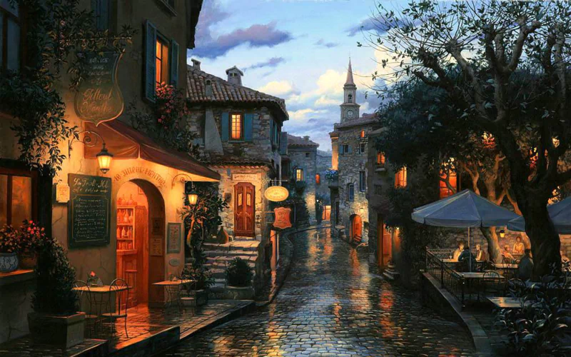 Artistic depiction of a charming, dimly lit street in a quaint place at dusk, featuring glowing windows, cobblestone paths, and outdoor seating under trees.