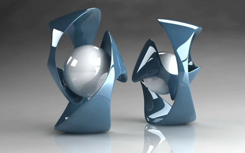 Artistic 3D art piece: two glossy blue twisted sculptures cradling reflective silver spheres on a neutral reflective surface.