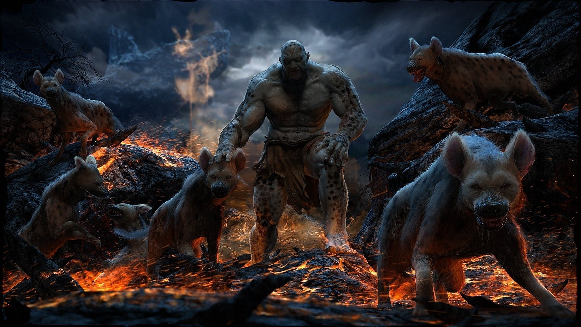 A powerful demon-like figure stands amidst rocky terrain surrounded by menacing, snarling beasts under a dark, stormy sky in a fantasy setting.