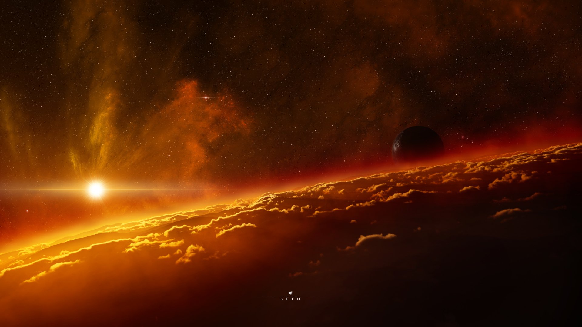 Sci-fi planet at sunrise: fiery orange cloudscape along a curved horizon, a bright star to the left and a dark moon silhouetted against a smoky, glowing space sky.