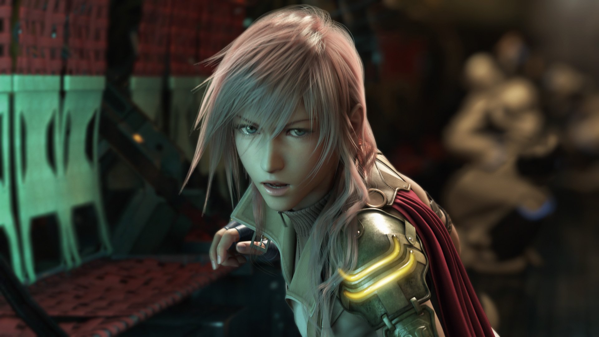 Lightning from the Final Fantasy video game series in armor, gripping her weapon and staring determinedly amid dim, industrial surroundings.