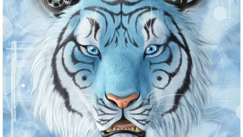 A striking illustration of a tiger with blue stripes and piercing blue eyes, set against a soft, light blue background, showcasing the elegance and power of this majestic animal.