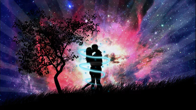 A silhouette of a couple embracing under a starry sky, surrounded by vibrant cosmic colors, conveys a powerful sense of love and artistic expression.